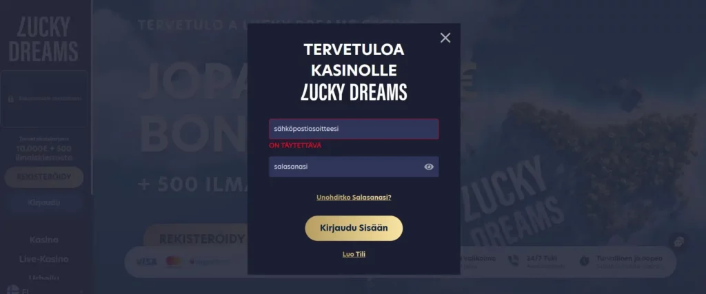 Kirjautuminen kasinolle