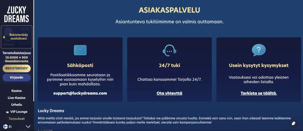 Asiakaspalvelu Lucky Dreamsissa